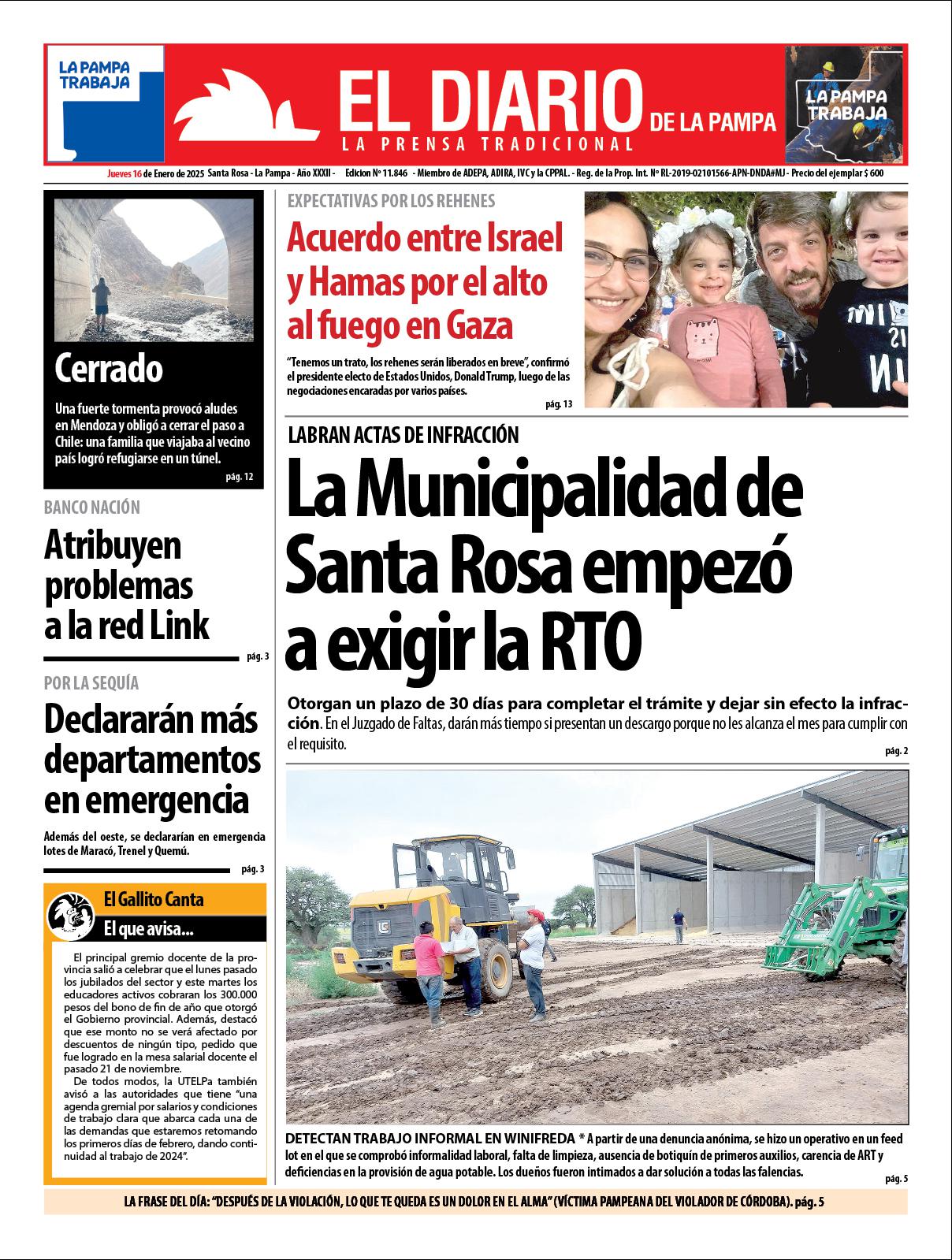 Tapa de El Diario en papel  jueves 16 de enero de 2025